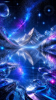 a tranquil mountain lake beneath a starry night sky, no people, no text