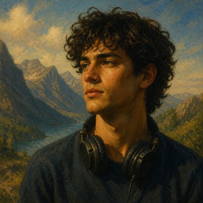 head-and-shoulders portrait of an original character: a young man with curly dark hair and headphones around his neck, plain backdrop, no text