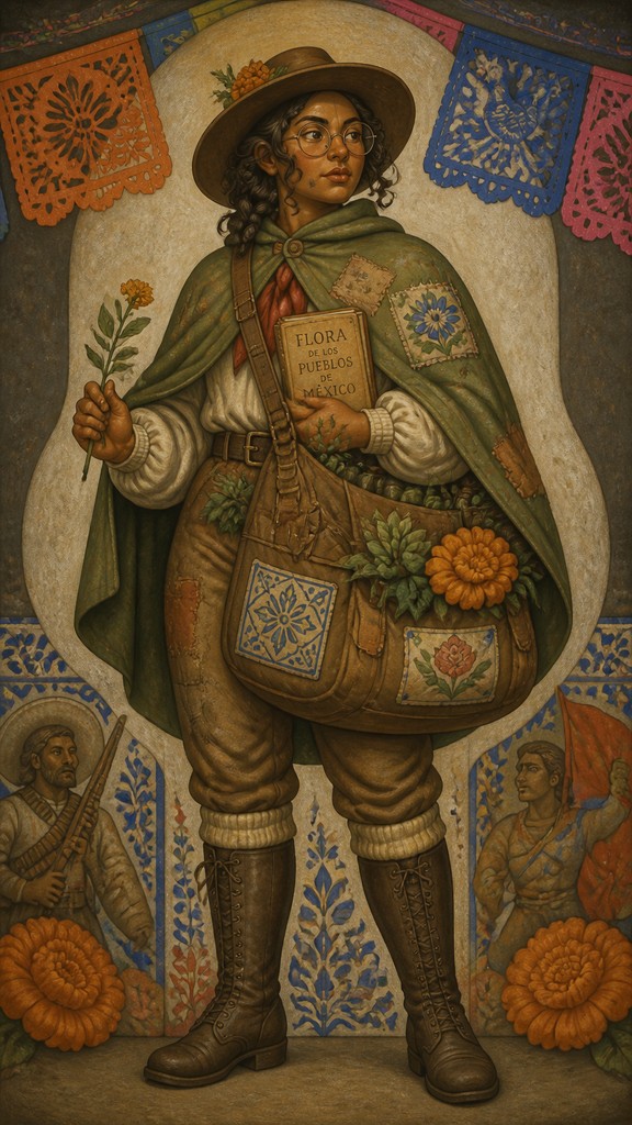 full-body original character: a wandering botanist with a satchel of plants, a patched green cloak, tall boots and round glasses, neutral background