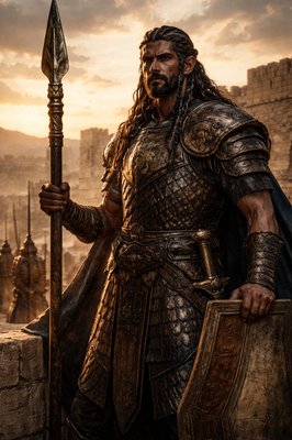 Style: Gritty, epic historical fantasy photograph with high textural detail. The aesthetic is a fusion of "Ancient Near Eastern Warrior" and the "High Elven" nobility established in previous prompts. Golden hour lighting.

The Subject: A single warrior standing guard on the fortified walls of David’s stronghold (Jerusalem or Ziklag). He is immense, standing over seven feet tall, possessing a lean, gladiatorial musculature rather than brute bulk.

Facial Features: He has the signature Gibeonite look: a long, ageless face with high, sculpted cheekbones and intense, calculating eyes that scan the horizon. His dark beard is neatly trimmed, and his long hair is intricately braided with bronze rings and threads of royal blue dyed wool.

The Armor (A Fusion of Cultures): His gear represents his unique status. He wears a heavy cuirass of overlapping bronze scales (Canaanite style) reinforced with iron plates (Israelite adoption). A stylized emblem of the Lion of Judah is subtly engraved onto a central shoulder plate, marking his allegiance to David.

The Weapons: He rests one hand on a massive tower shield made of reinforced cedar and hide. In the other, he holds a spear of immense scale, its shaft thicker than a normal man’s wrist, with a long, leaf-shaped bronze head. A curved khopesh sword is sheathed at his hip.

Atmosphere & Setting: The sun is setting behind the Judean hills, casting long shadows and catching the scars on his armor. His expression is one of silent, dangerous vigilance. In the background, other normal-sized Israelite soldiers are visible, emphasizing his towering presence.