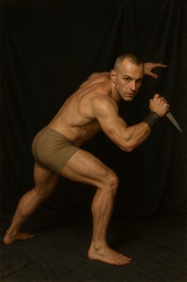 a painting of a man with a knife in his hand