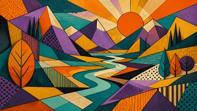 a vast valley with a river winding toward distant mountains at sunrise, no people, no text