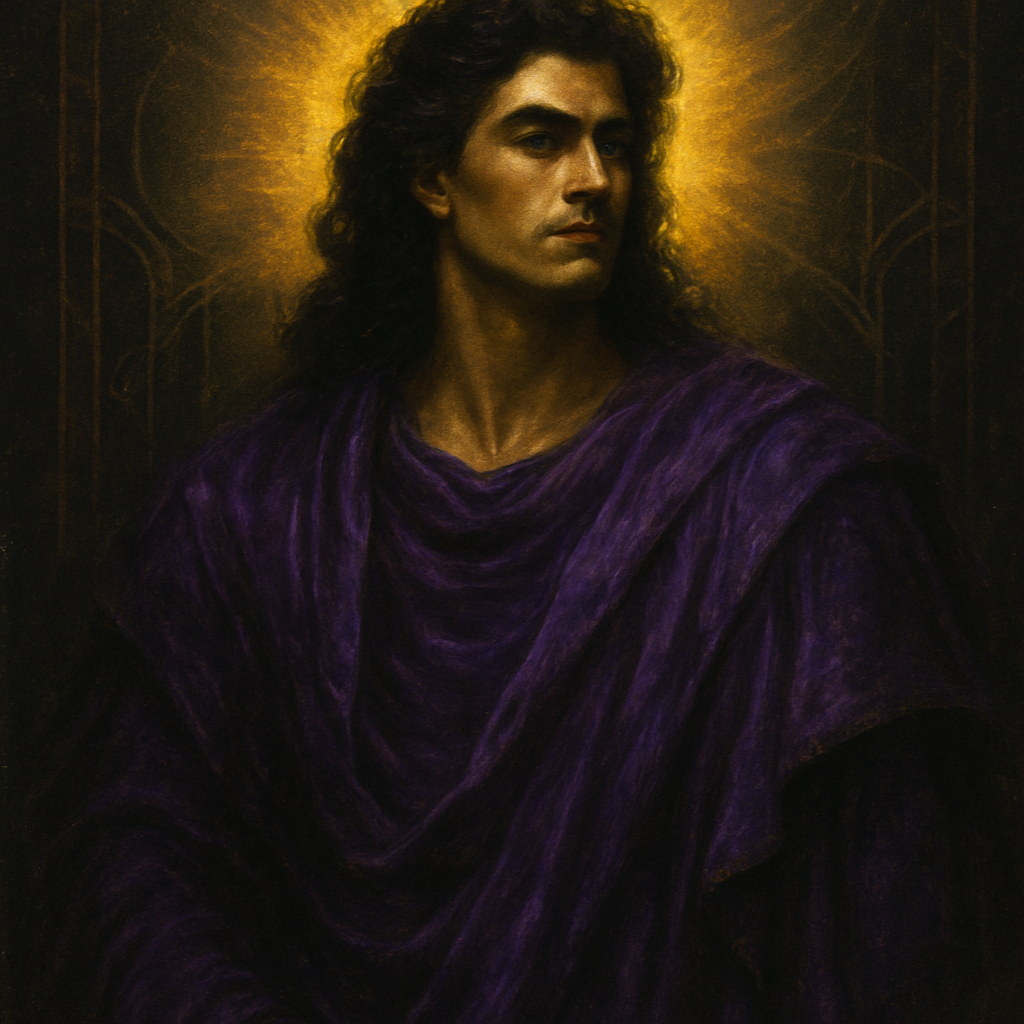 Understood! Let's refine this to specifically identify the subject as male and ensure the luxurious purple clothing receives significant emphasis, moving beyond just an aura. This will create a truly regal and striking image based on Song of Songs 5:11.
Here's the revised prompt:
AI Art Prompt:
"A powerful and opulent male portrait, dramatically lit and styled, directly inspired by Song of Songs 5:11. The subject's head is crowned with dramatically wavy hair that is intensely, profoundly black—like the glossy, wet feathers of a raven. His gaze is commanding and serene. He is draped in sumptuous, rich royal purple garments made of flowing velvet or silk, featuring intricate drapes and folds that catch the light, emphasizing their regal texture. A radiant, ethereal golden light emanates from around the crown of his head, symbolically representing "purest gold," casting highlights onto his features and the luxurious purple fabric. This golden light and the deep purple of his attire are set against a background of mysterious, yet elegant black shadow and subtle Art Deco-inspired geometric patterns that reinforce the high-contrast aesthetic. The overall mood is one of majestic beauty, divine royalty, and profound symbolic opulence, with the black and purple colors dominating the composition