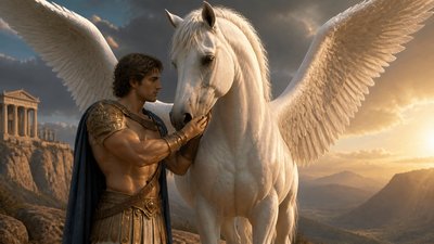 Pegasus the white winged horse helps the greek ignudi hero Bellerophon