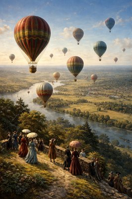 in the style of John Atkinson Grimshaw,
bird’s‑eye view, camera looking downward from a moderate height over hot air balloons rising steadily and moving with the wind through clear blue skies,
subtle curvature of the landscape visible below,
rich jewel‑tone reds, teals, and golds catching warm natural sunlight, realistic wind‑driven motion, natural directional flow, a hillside overlook below with small groups of people watching the balloons, holding umbrellas for shade, wearing Victorian‑style clothing,
long tailored coats, layered skirts, high collars,
grounded composition, realistic atmospheric depth, cinematic painterly