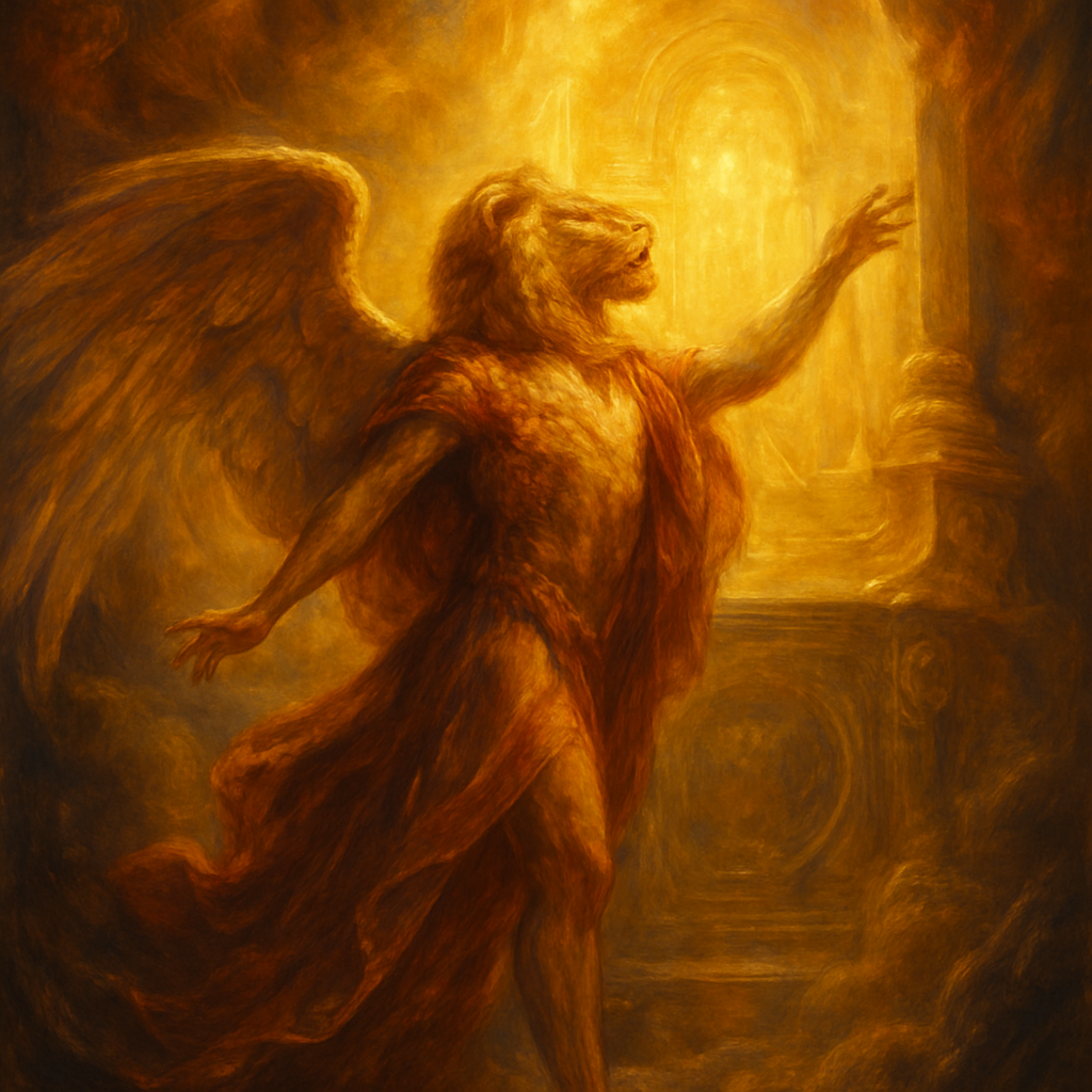 A mystical fantasy angel with a lion head standing at God's throne in heaven, with suspense and serenity. Vibrant colors that immediately catch the eye, and soft lighting envelops the scene, enhancing its ethereal beauty. The angel strikes a graceful pose, signifying freedom and power. Dreamlike quality, a world of imagination and enchantment