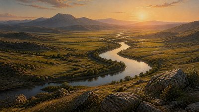 a vast valley with a river winding toward distant mountains at sunrise, no people, no text