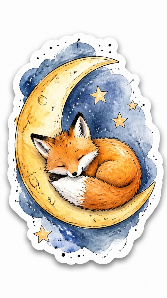 a sleeping baby fox curled on a crescent moon among soft stars, gentle and warm, no text