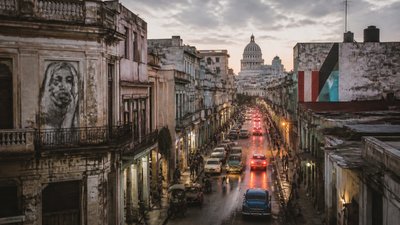 bustling city street panorama at dusk