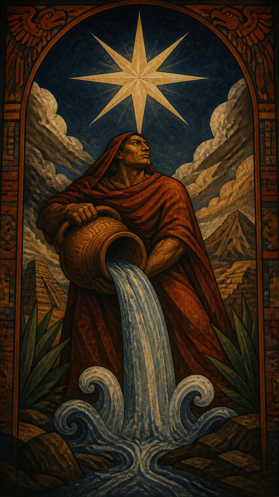 a robed figure pouring water beneath a large eight-pointed star in a night sky, symmetrical composition with an ornate decorative border, no text