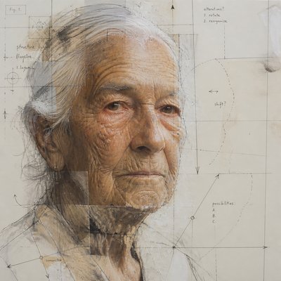 close-up portrait of an elderly person with expressive weathered features