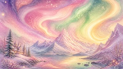 a flowing aurora over snowy peaks, wide sweeping composition, no people, no text