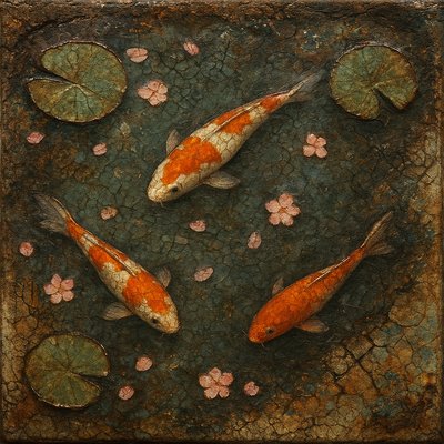 A koi pond seen from above, orange and white koi fish swimming among lily pads, clear water with subtle ripples, fallen cherry blossom petals floating on the surface, dappled sunlight
