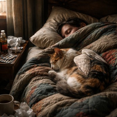 A candid, tender photograph of a person lying sick in a dimly lit, cozy bedroom, buried under a heavy quilt with only their pale face showing, eyes closed in sleep. Tissues and medicine bottles clutter a bedside table. Curled tightly against their chest is a fluffy calico cat that has a pair of small, detailed, feathered angel wings folded against its back. The cat is asleep too. Soft, natural light streams from a window to the left. Film grain.