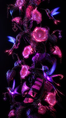 a climbing vine of flowers and hummingbirds on a dark background, tall wrapping composition, no text
