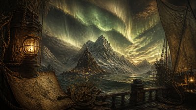 a flowing aurora over snowy peaks, wide sweeping composition, no people, no text
