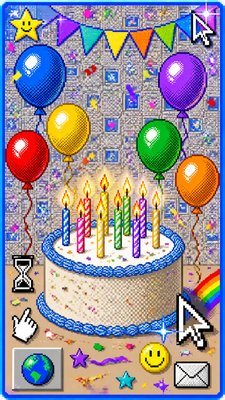a birthday cake with lit candles surrounded by balloons and confetti, festive vertical composition, no text