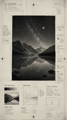 a tranquil mountain lake beneath a starry night sky, no people, no text