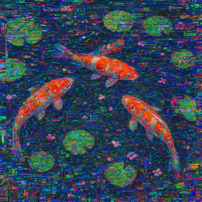 A koi pond seen from above, orange and white koi fish swimming among lily pads, clear water with subtle ripples, fallen cherry blossom petals floating on the surface, dappled sunlight