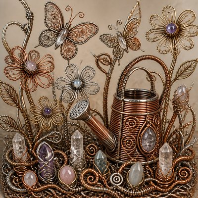 a garden scene with butterflies, flowers and a watering can, clean uncolored line art, no text