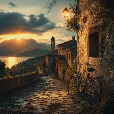 bicyle resting against a wall — Matte Painting Digital Art Style