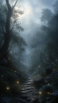 a mysterious forest path with fireflies and drifting mist, atmospheric vertical composition with open space at the top, no text