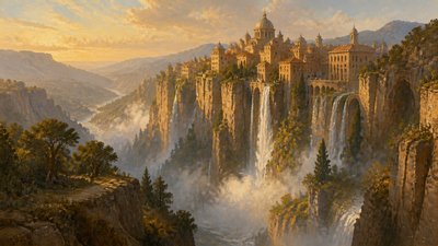 a cliffside city with waterfalls cascading into a misty canyon, wide establishing shot, no people, no text