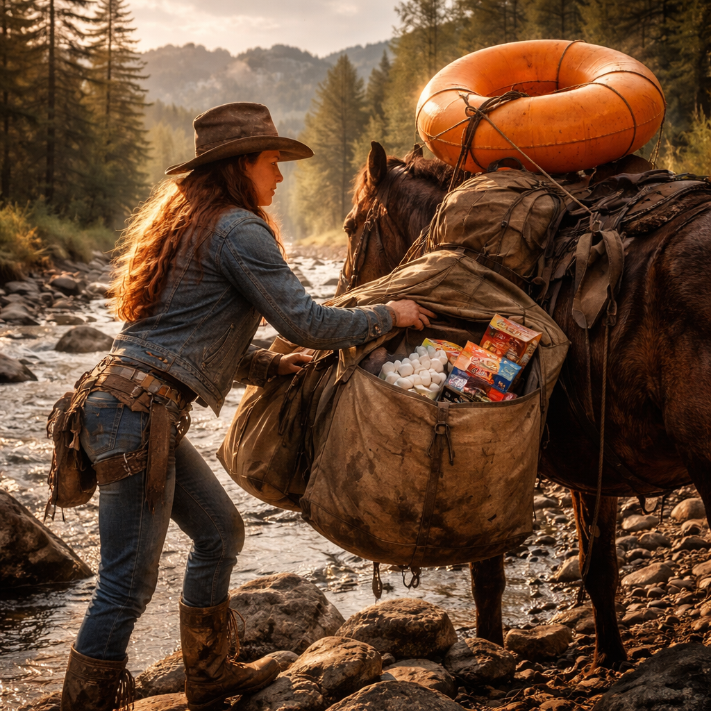 Cinematic Nature Photography, Americana Style, Golden Hour Lighting. A candid, detailed shot of an authentic cowgirl in a worn leather hat, denim jacket, and dusty boots and long red hair. She is standing beside a sturdy pack horse in a rocky creek bed, actively stuffing overflowing, rugged canvas panniers.
The details of the load are clear: A large bag of jumbo marshmallows and a red box of graham crackers are peeking out of one open saddlebag, next to chocolate bars. Strapped awkwardly to the very top of the pack saddle with ropes is a large, bright orange inflatable river tube.
The environment is stunning Colorado high country: Towering ponderosa pines and aspen trees line a rushing clear mountain river. Rugged, snow-capped Rocky Mountain peaks rise in the background under a rich blue sky. The light is warm and late-afternoon, catching the dust in the air and the textures of the horse's coat and the leather gear.