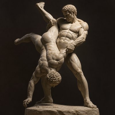 ancient greek athlete dangling another athlete upside down 