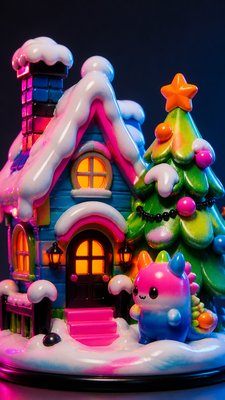 a snow-covered cottage with warm glowing windows beside a decorated pine tree, gentle snowfall, no text