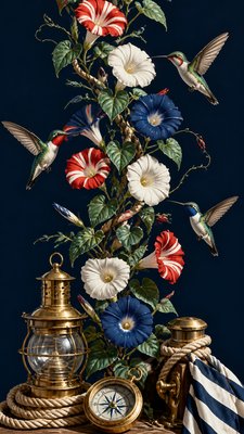 a climbing vine of flowers and hummingbirds on a dark background, tall wrapping composition, no text