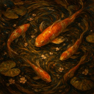 A koi pond seen from above, orange and white koi fish swimming among lily pads, clear water with subtle ripples, fallen cherry blossom petals floating on the surface, dappled sunlight