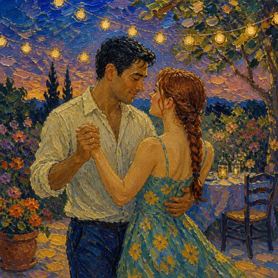 an original couple dancing under string lights in a garden at dusk: a man with short black hair in a linen shirt and a woman with braided red hair in a summer dress