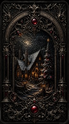 a snow-covered cottage with warm glowing windows beside a decorated pine tree, gentle snowfall, no text