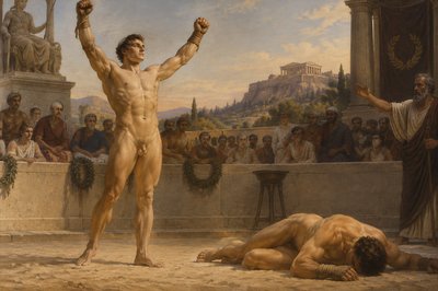 an ancient greek ignudi boxer raises his hands in triumph as his opponent lies in the dust 