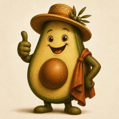 a happy avocado character giving a thumbs up, bold readable design on a plain background, no text
