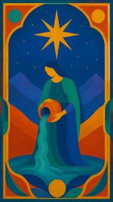 a robed figure pouring water beneath a large eight-pointed star in a night sky, symmetrical composition with an ornate decorative border, no text