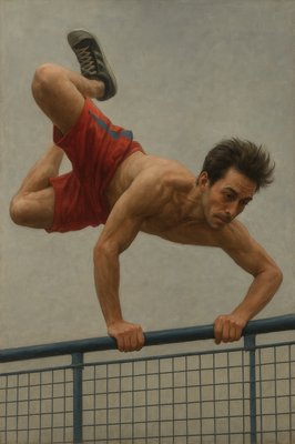 a painting of a man leaning over a fence