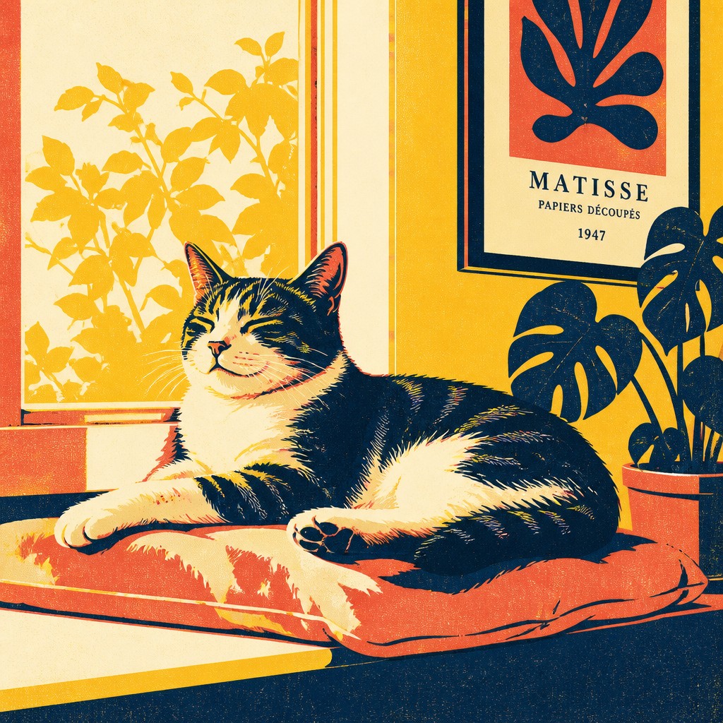 a cat lounging in a sunlit window — Screen Print Style