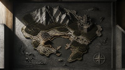 a map of an island realm with mountains, forests, a sheltered bay, sea monsters in the water and a compass rose, no text labels