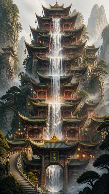 towering waterfall cascading down a cliff