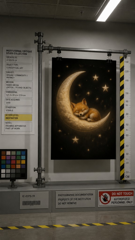 a sleeping baby fox curled on a crescent moon among soft stars, gentle and warm, no text
