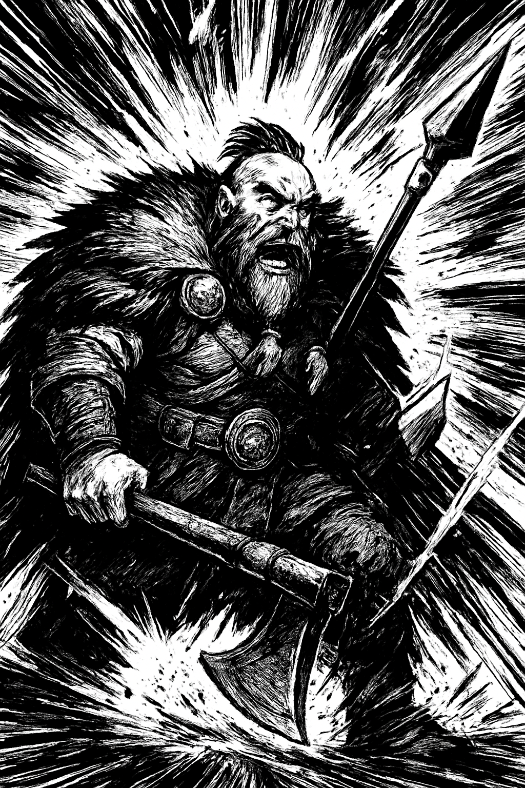 a black and white drawing of a man with a hammer