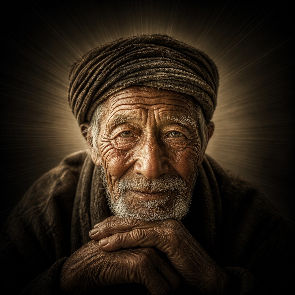 close-up portrait of an elderly person with expressive weathered features — Single Focal Point Art Style