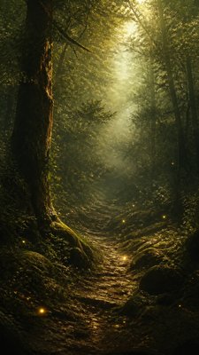a mysterious forest path with fireflies and drifting mist, atmospheric vertical composition with open space at the top, no text