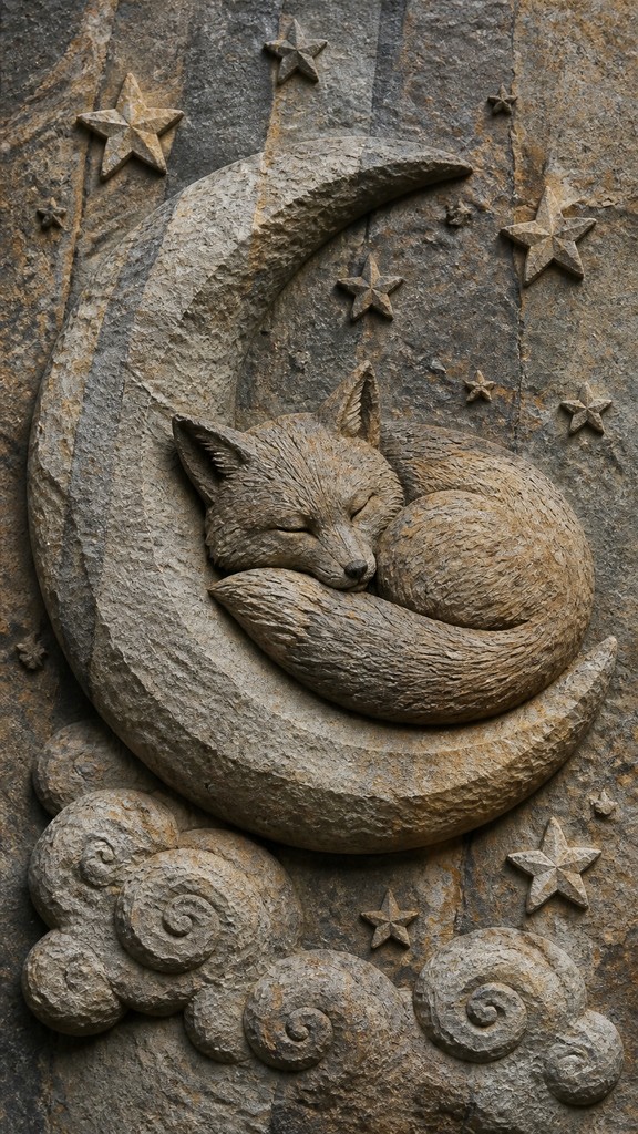 a sleeping baby fox curled on a crescent moon among soft stars, gentle and warm, no text