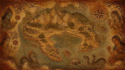 a map of an island realm with mountains, forests, a sheltered bay, sea monsters in the water and a compass rose, no text labels