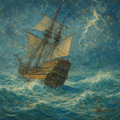 A wooden sailing ship, the Mayflower, on a tempestuous open sea under a dark, stormy sky with lightning. The ship is listing dramatically amidst huge, crashing waves. Rain lashes down. The stern of the ship shows significant damage, with splintered wood and water pouring into the broken transom. Debris from the ship's stern is visible in the churning water around it. The overall mood is one of peril and a desperate struggle against the elements.