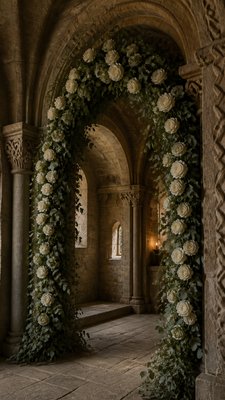 an arch of white roses and eucalyptus in soft morning light, elegant vertical composition with open space, no text