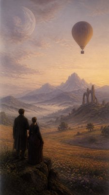 a hot air balloon drifting over rolling flower fields on a sunny day, cheerful, no text